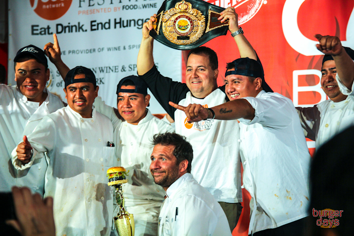  Josh Capon (middle, with belt) took home his third consecutive NYCWFF Burger Bash title, sharing the People's Choice award with Guy Fieri. Paul Denamiel of Le Rivage (bottom, with trophy) was the judge's top pick.